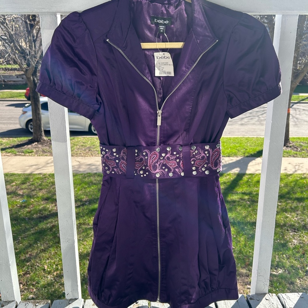 Bebe Dark Purple Mini Dress with Embellished Belt